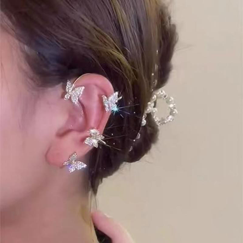Dashingsoul Fashionable Clip-on Earrings Silver Metal Butterfly Ear Clips Without Piercing For Women Shiny Zircon Ear Clips