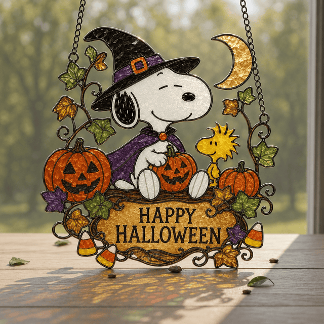 Premium Snoopy Holiday Seasons Stained Glass Suncatcher Window Hanging Set