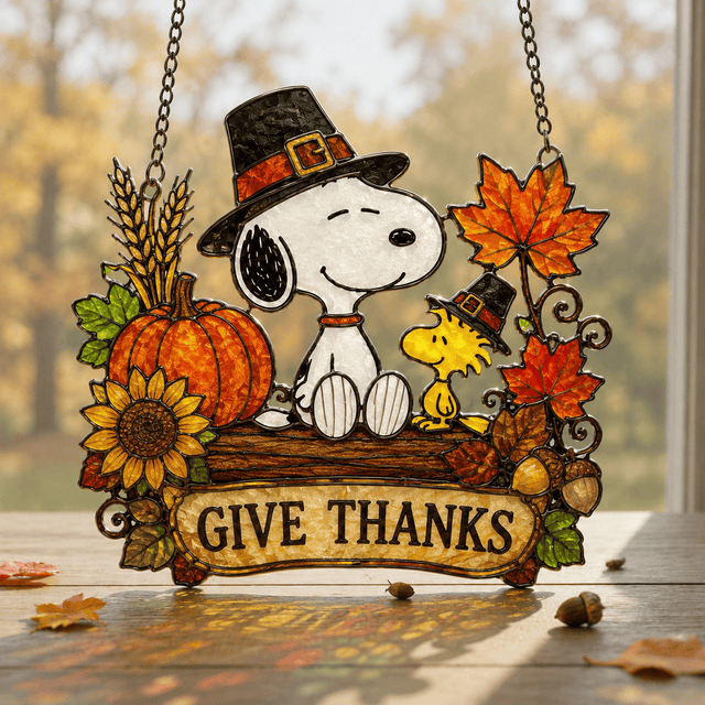 Premium Snoopy Holiday Seasons Stained Glass Suncatcher Window Hanging Set