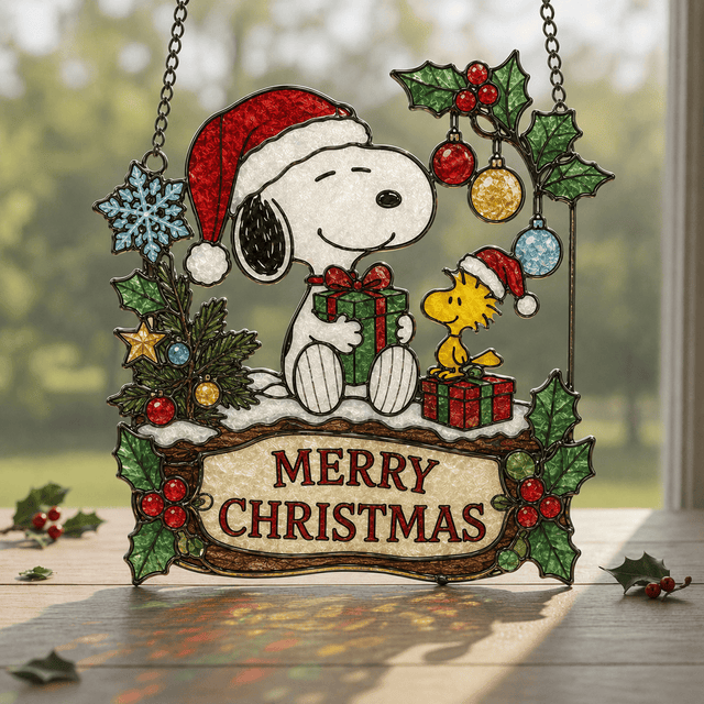 Premium Snoopy Holiday Seasons Stained Glass Suncatcher Window Hanging Set