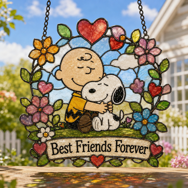 Premium Snoopy Holiday Seasons Stained Glass Suncatcher Window Hanging Set