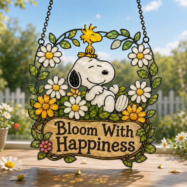 Premium Snoopy Holiday Seasons Stained Glass Suncatcher Window Hanging Set