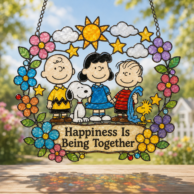 Premium Snoopy Holiday Seasons Stained Glass Suncatcher Window Hanging Set