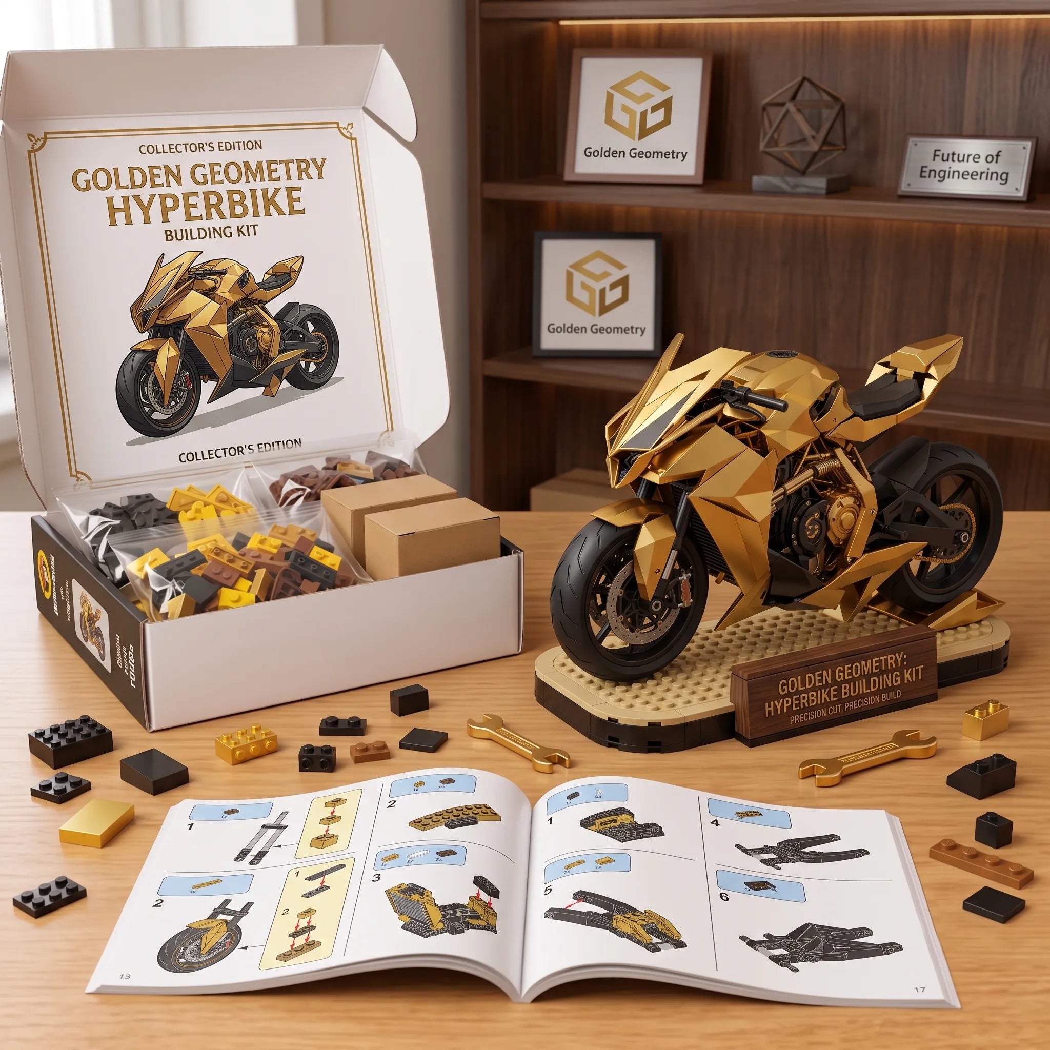 Golden Geometric Superbike Building Block Set