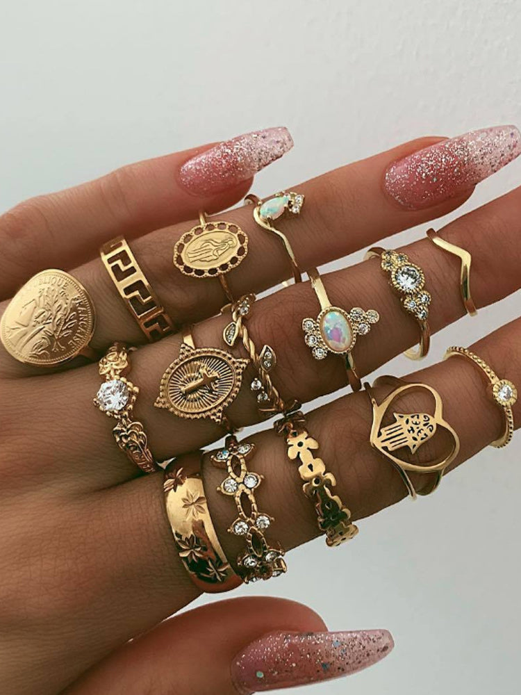 Dashingsoul Trendy Floral Rhinestone Ring Set