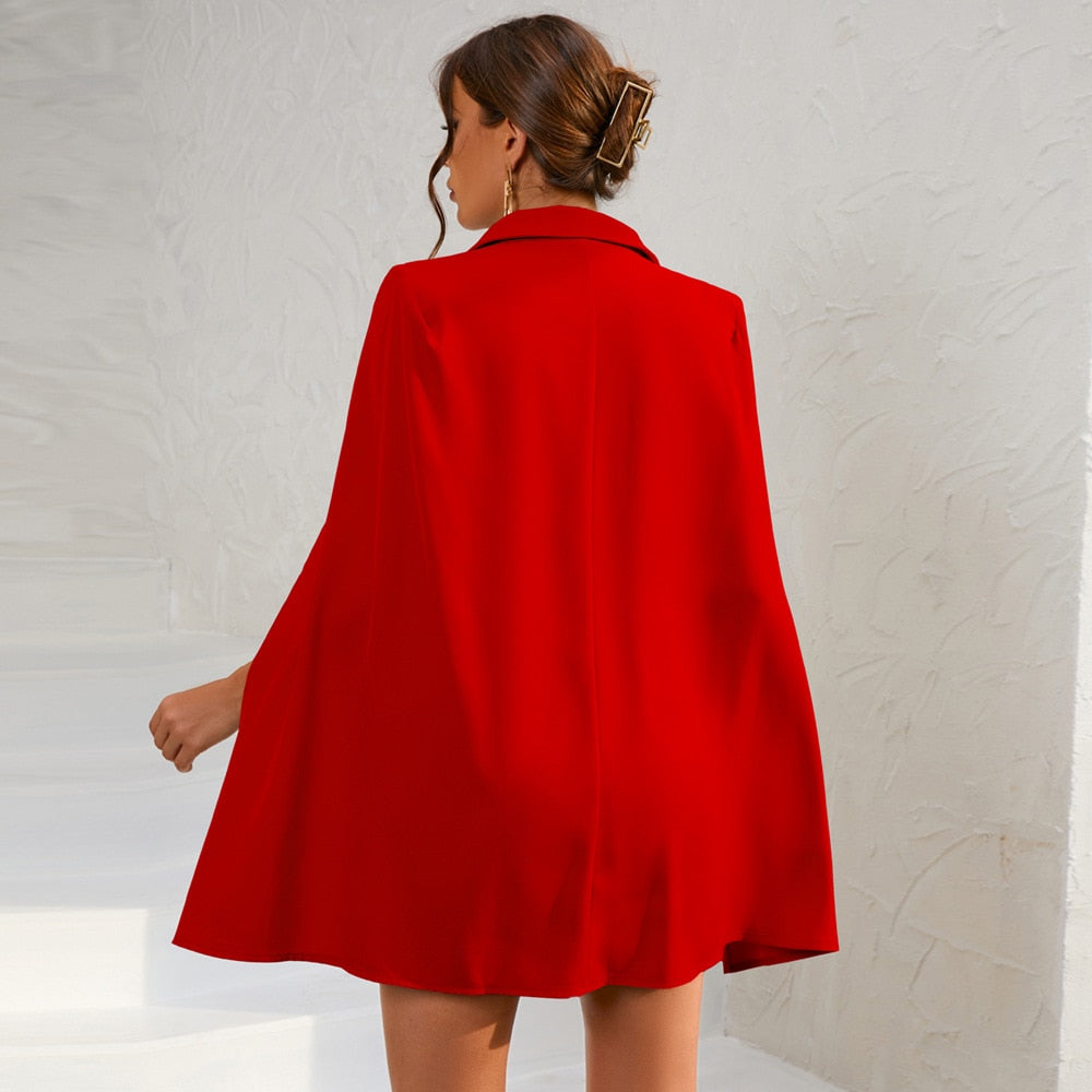 Cape Blazer Mini Dress with Belt and Gold Button Detail