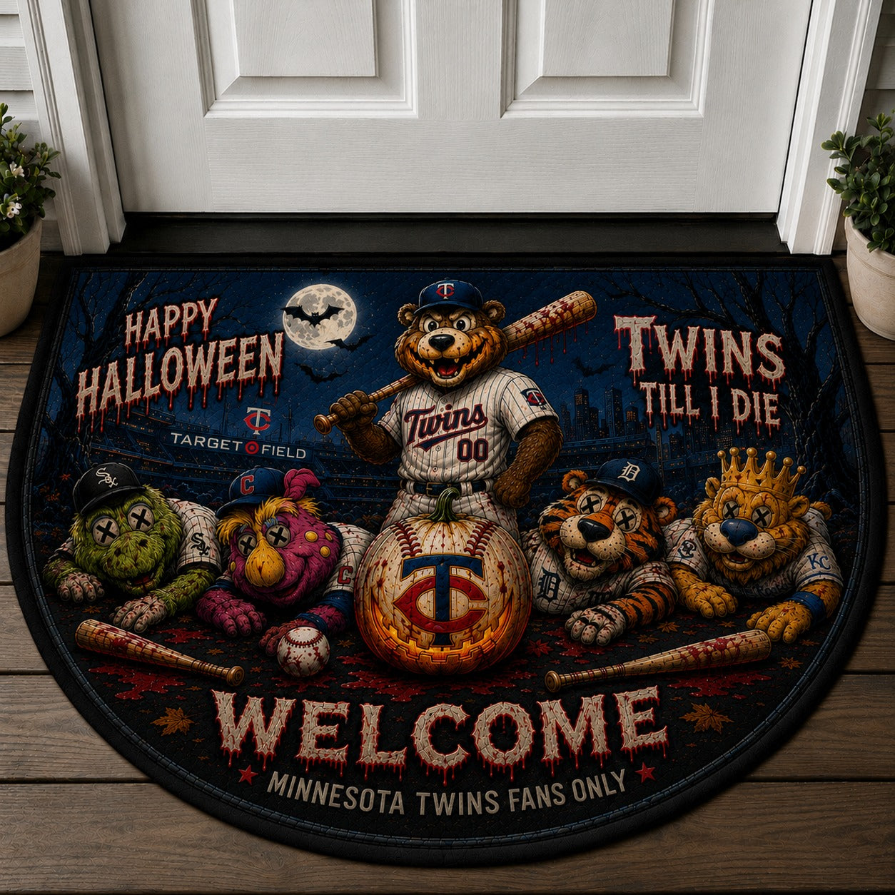 Baseball Halloween All Teams Custom Quilted Print Premium Welcome Mat – Personalized Baseball Doormat