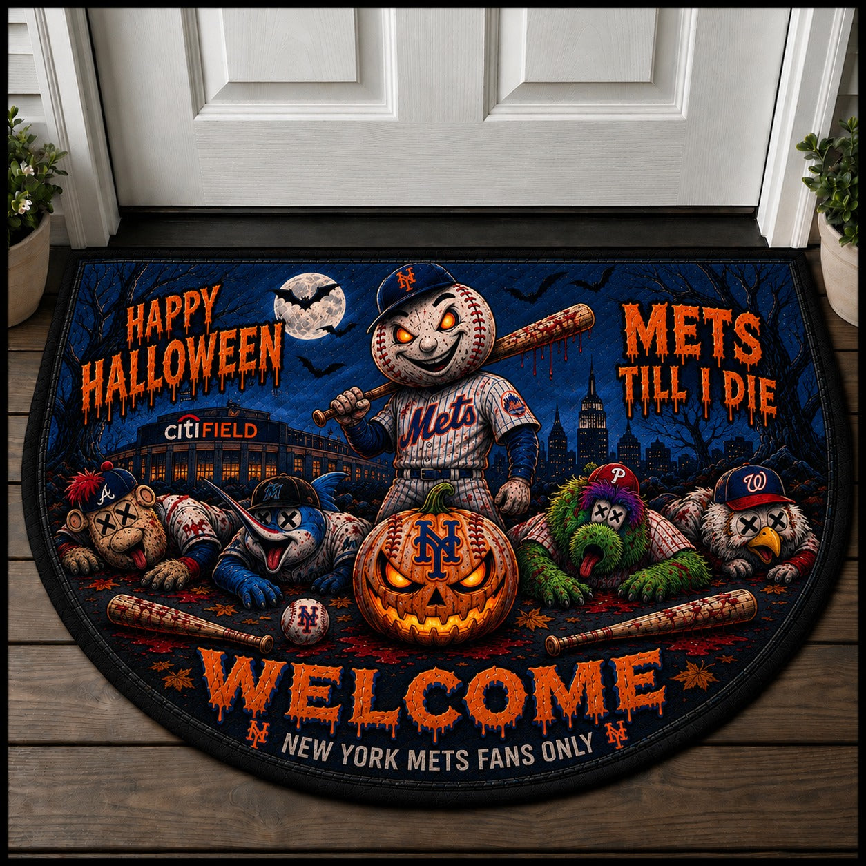 Baseball Halloween All Teams Custom Quilted Print Premium Welcome Mat – Personalized Baseball Doormat