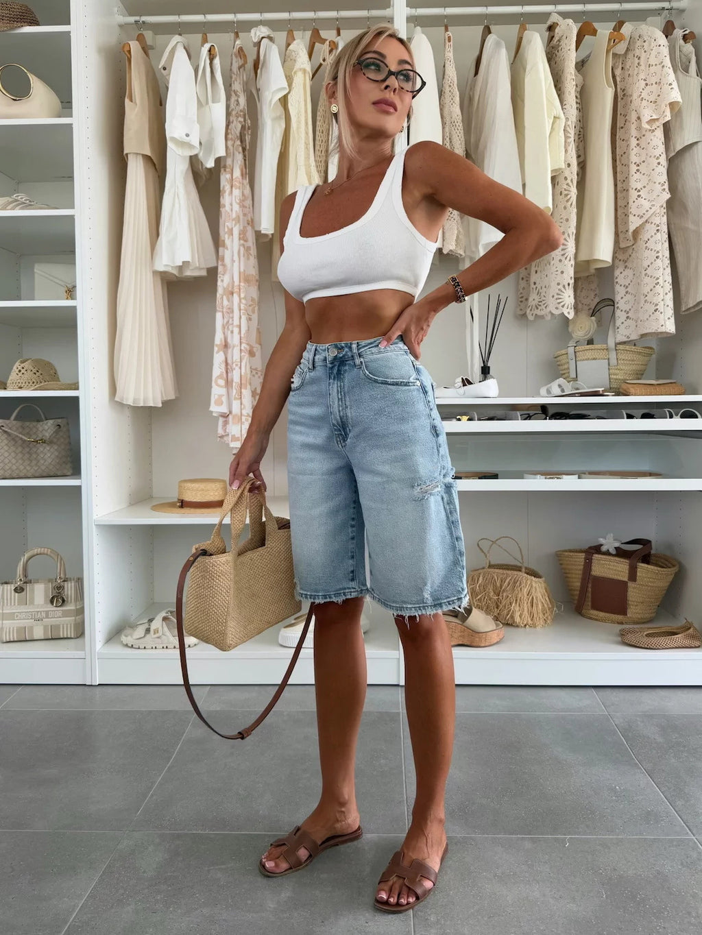 High Waist Vintage Denim Bermuda Shorts