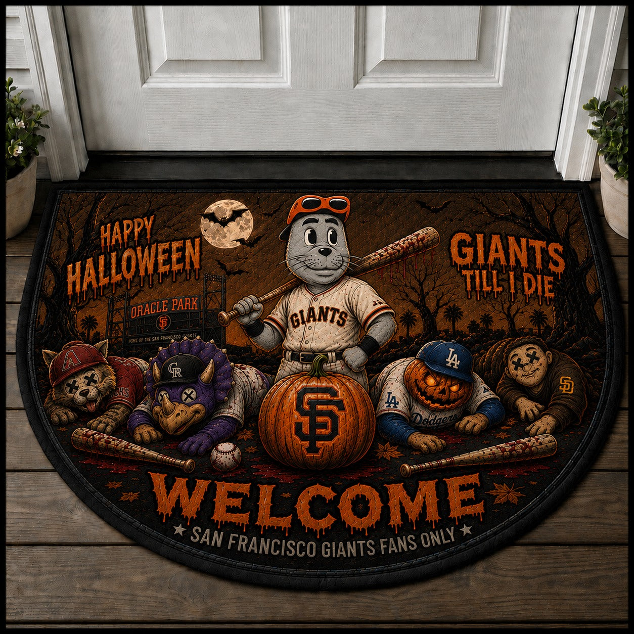 Baseball Halloween All Teams Custom Quilted Print Premium Welcome Mat – Personalized Baseball Doormat