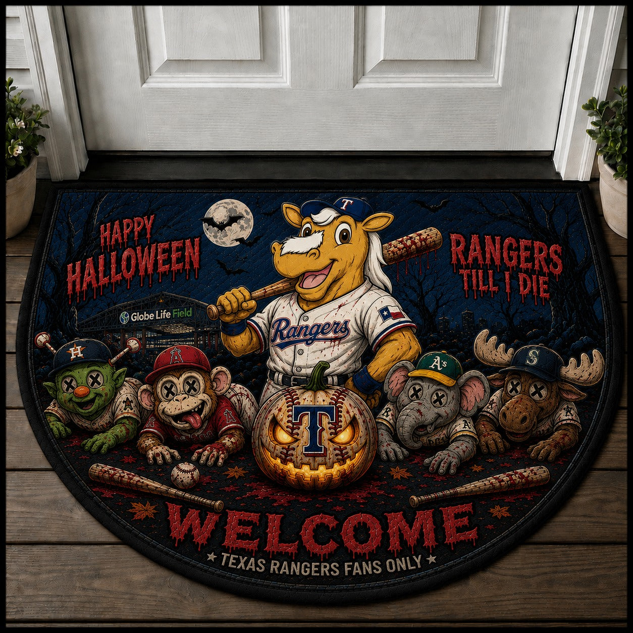 Baseball Halloween All Teams Custom Quilted Print Premium Welcome Mat – Personalized Baseball Doormat