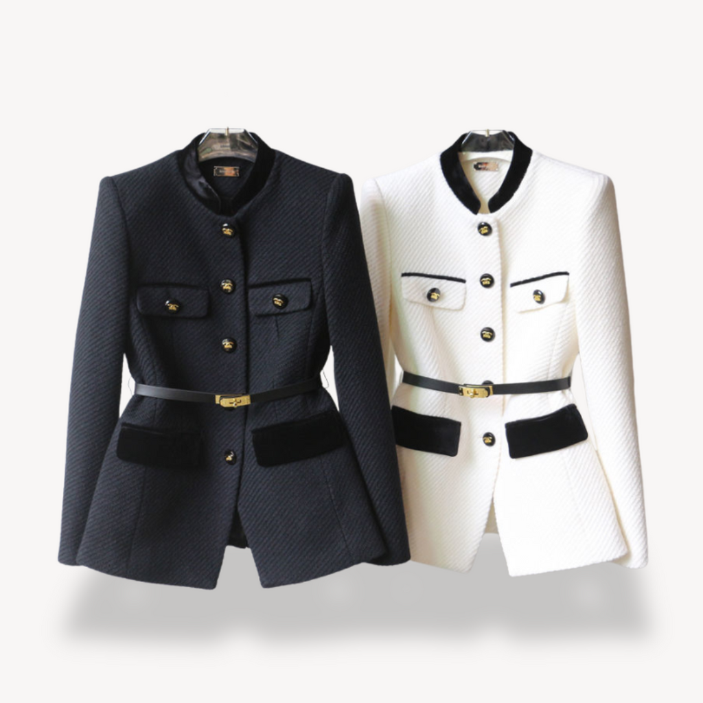 Women's Tailored Belted Blazer – Velvet Detail & Gold-Tone Finish