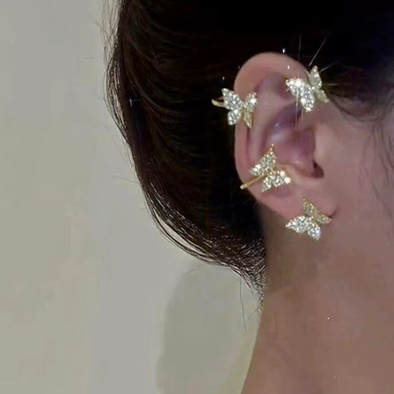 Dashingsoul Fashionable Clip-on Earrings Silver Metal Butterfly Ear Clips Without Piercing For Women Shiny Zircon Ear Clips