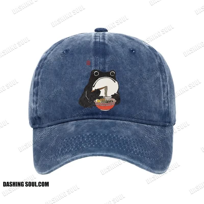 Unisex 100% Cotton Funny Frog Eating Ramen Vintage Print Cap