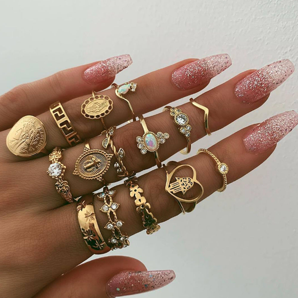 Dashingsoul Trendy Floral Rhinestone Ring Set