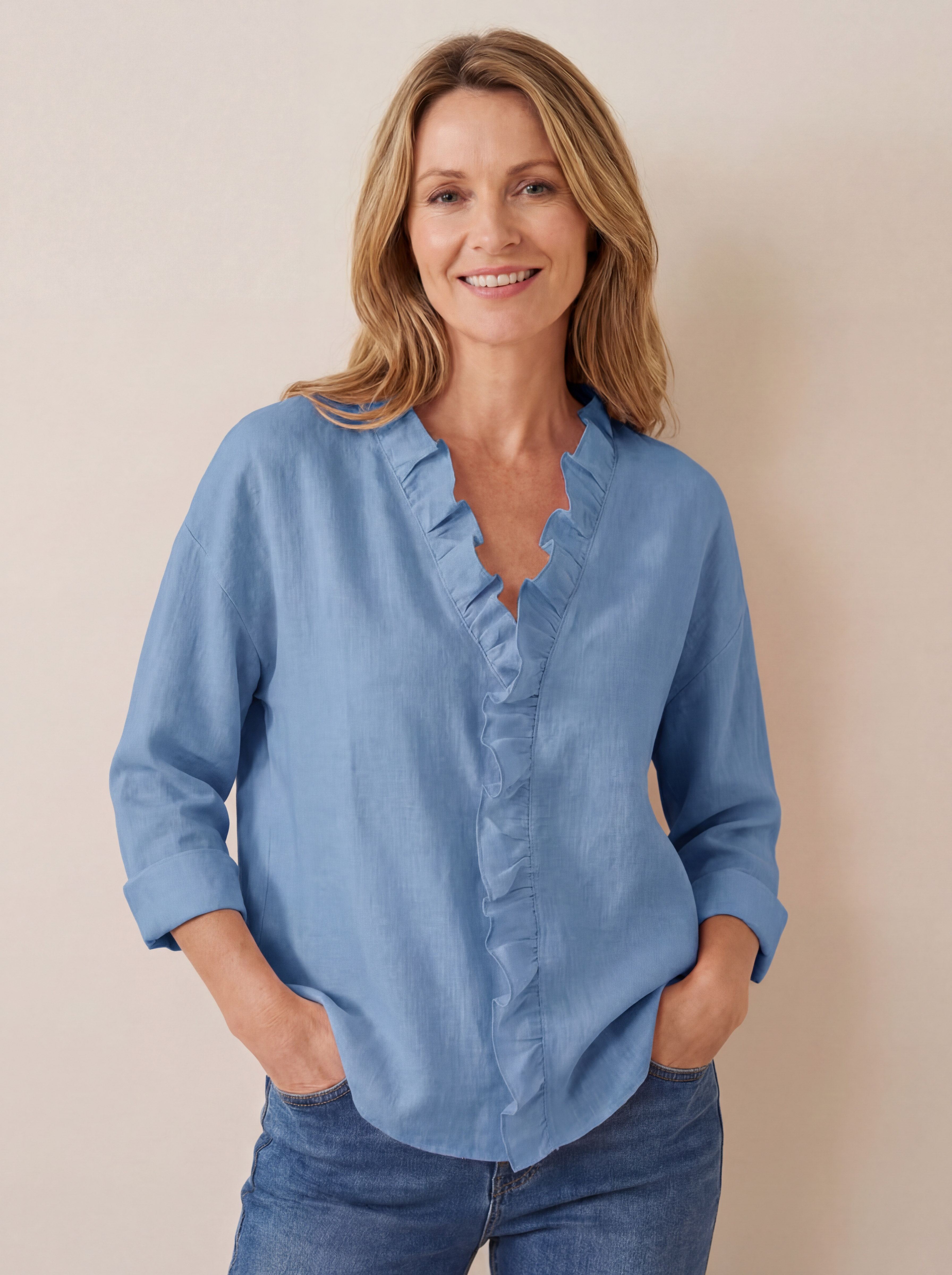Indie | Blouse with Ruffles, V-Neck and Long Sleeves